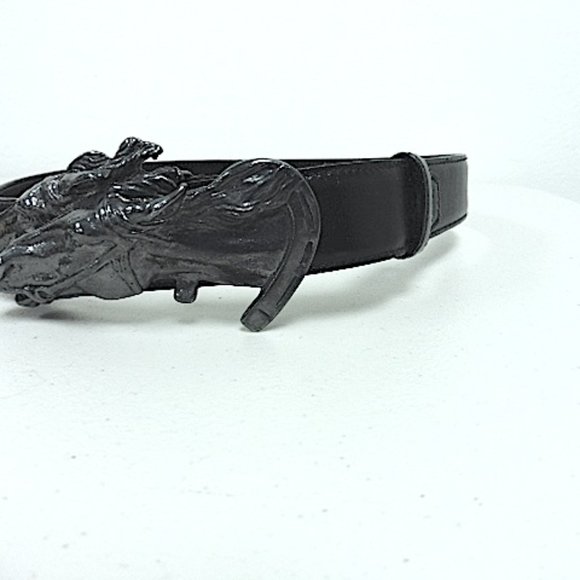 GUCCI BLACK DOUBLE HORSE HEAD LEATHER belt 28 70cm - Picture 2 of 8